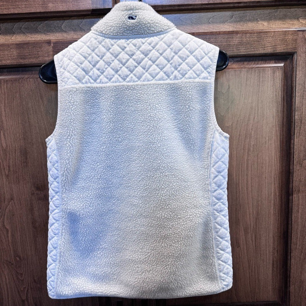 Vineyard Vines XS White Sherpa Fleece Vest Quilted Sides Zip Up Whale Logo