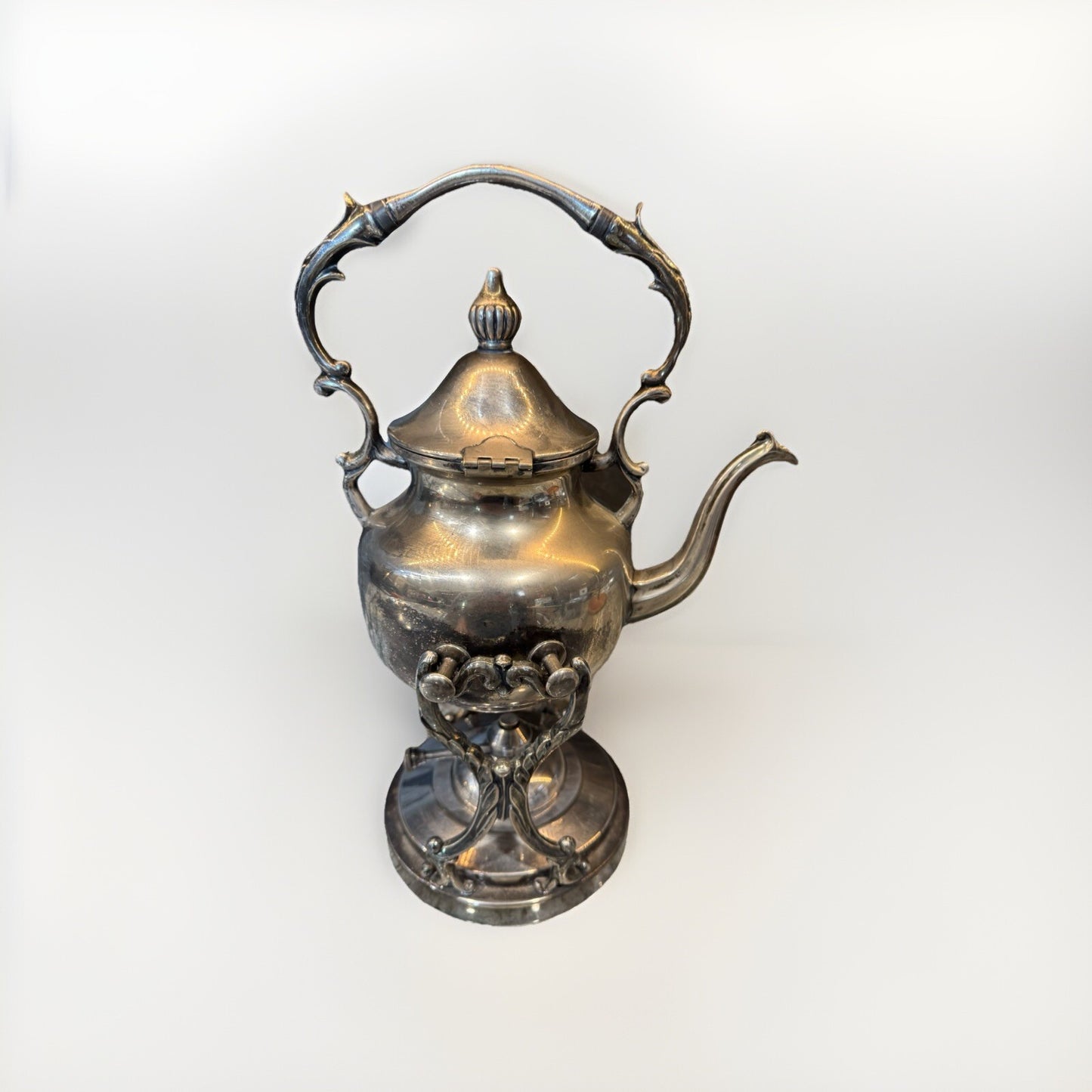VINTAGE SILVER TIPPING KETTLE ON FOOTED STAND / TEAPOT