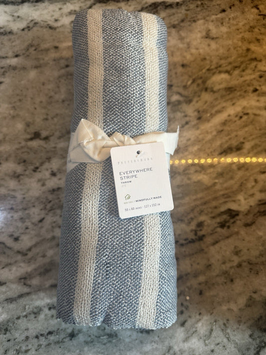 Pottery Barn Flax Navy And Stripe Throw 50 x60 Absolutely Beautiful!! NEW