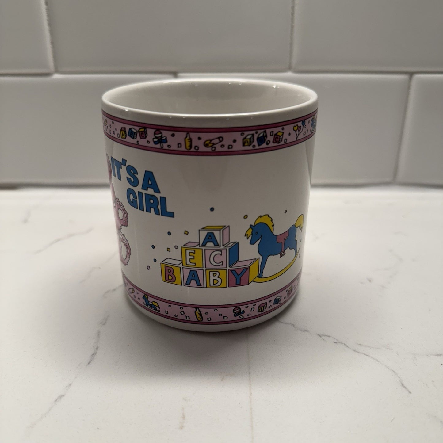 Vintage Coffee Mug - Its a Girl - Teddy Bear Pink/White 80s/90s Rare