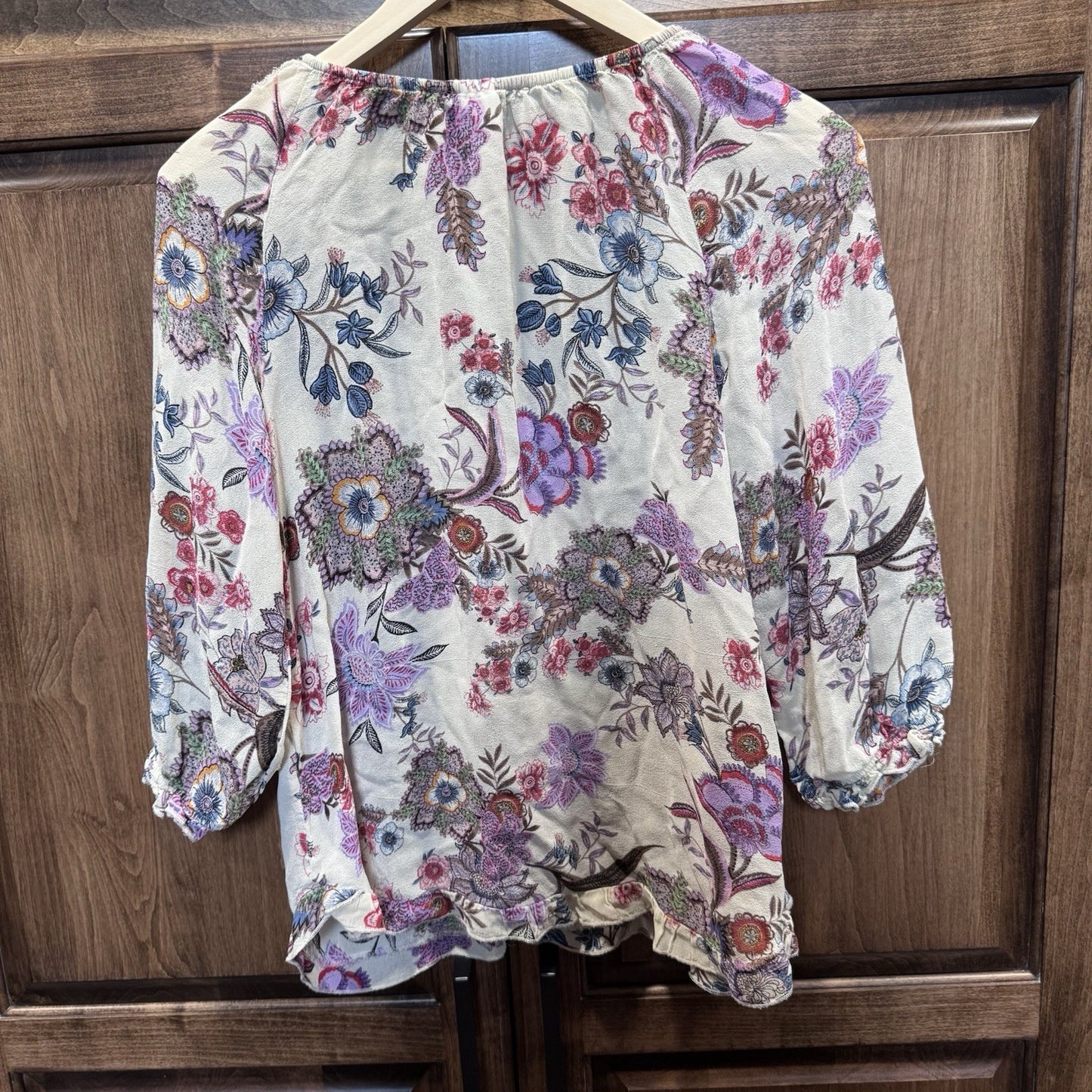 Billabong Boho Floral Peasant Blouse Women’s Large Cream Multicolor 3/4 Sleeve