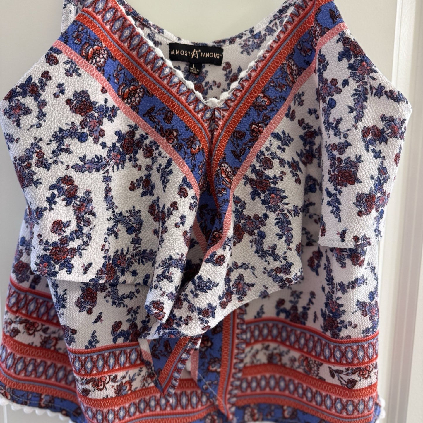 Almost Famous Boho Floral Tank Top L Red White Blue Ruffle Front
