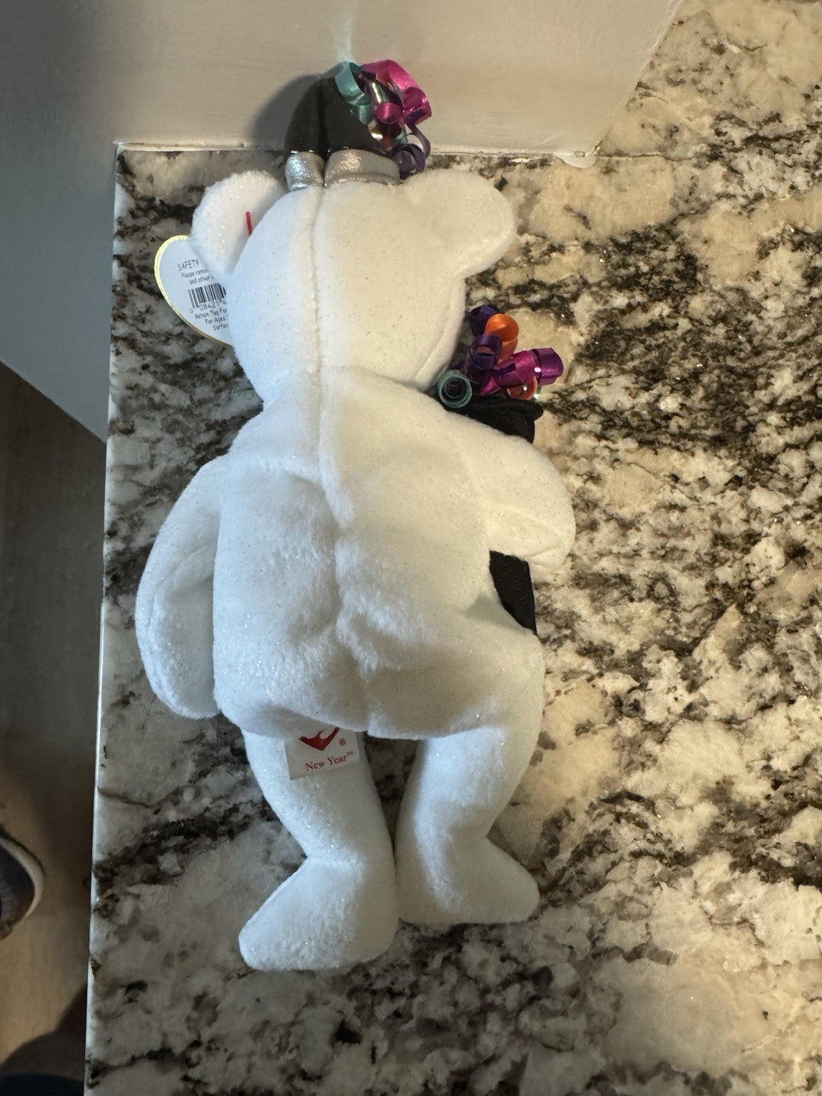 TY Beanie Baby Happy NEW YEAR Bear 2006 White Bear With Party Favors Ribbons