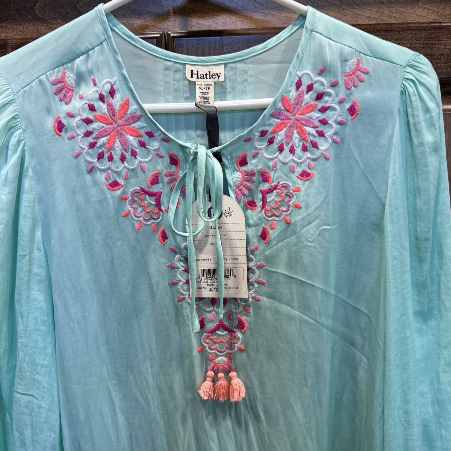 Hatley Clara Blouse Aqua Sarchi Tassel Embroidered Top XS NWT Boho Festival Chic