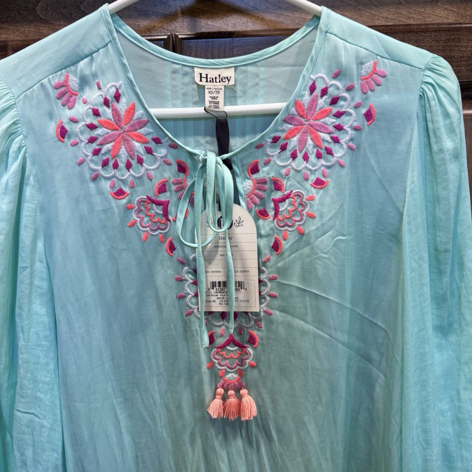 Hatley Clara Blouse Aqua Sarchi Tassel Embroidered Top XS NWT Boho Festival Chic
