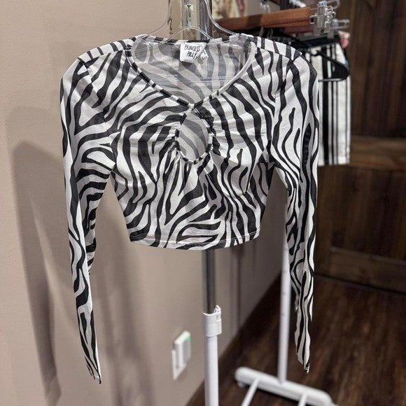 Princess Polly size 2 Mesh Black and white zebra print long sleeve crop top