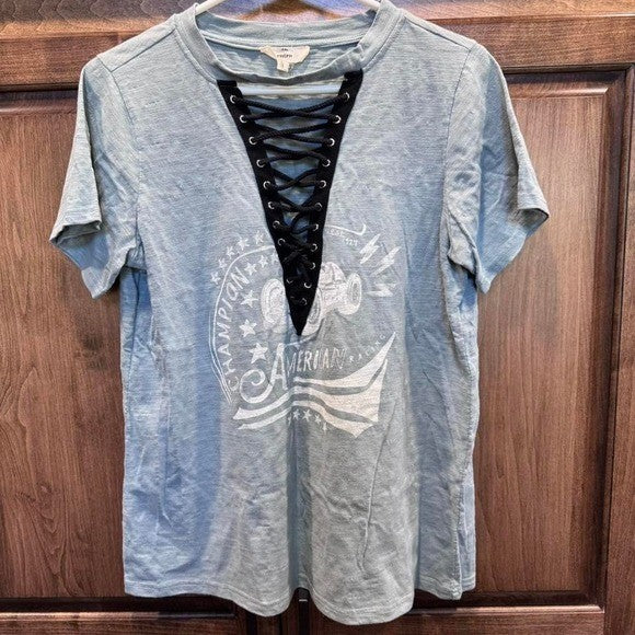 Entro Lace-Up Graphic Tee American Racing Moto Print Sz L