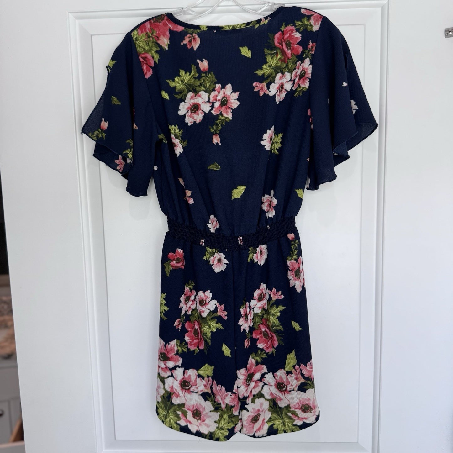 Papaya S Floral Romper Navy Pink Cutout Back Flutter Sleeve Y2K Festival Trendy