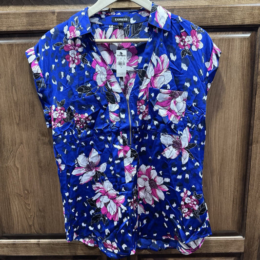 Express Women’s Blue Floral Zip Front Blouse Size M Medium NWT Spring Summer Top