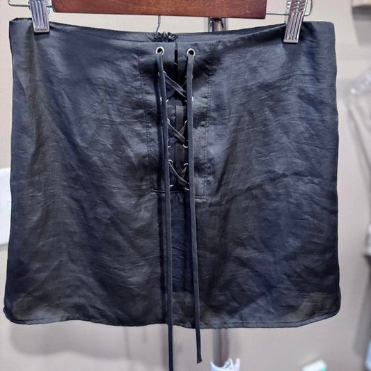 Forever 21 Black faux leather mini skirt with lace up detail #goth #rave