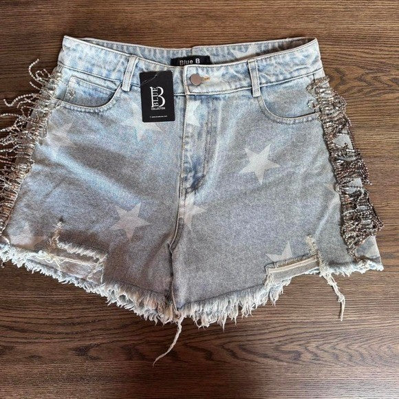 NWT L Blue B collections Ultra High Rise Rhinestone Fringe Short