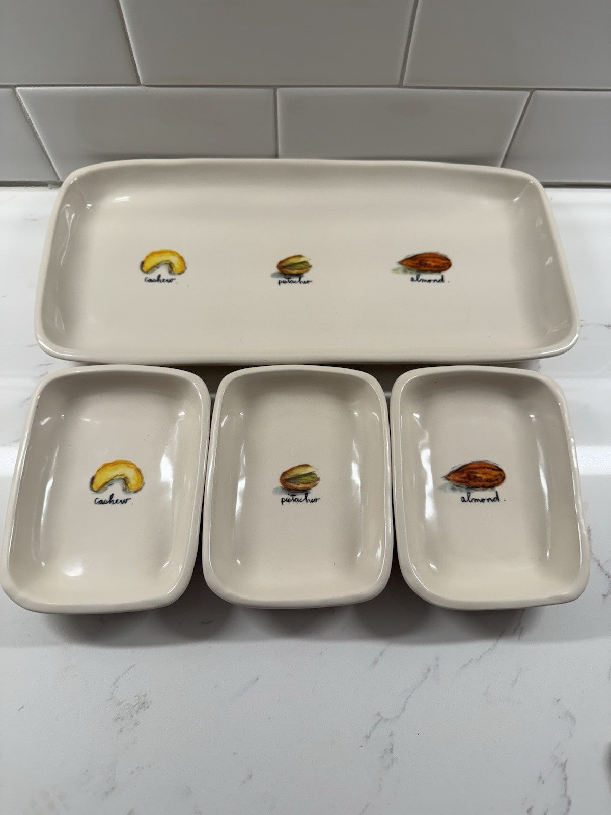 Rae Dunn Nut Dishes & Tray Serving Set of 4 Cashew Pistachio Almond Discontinued
