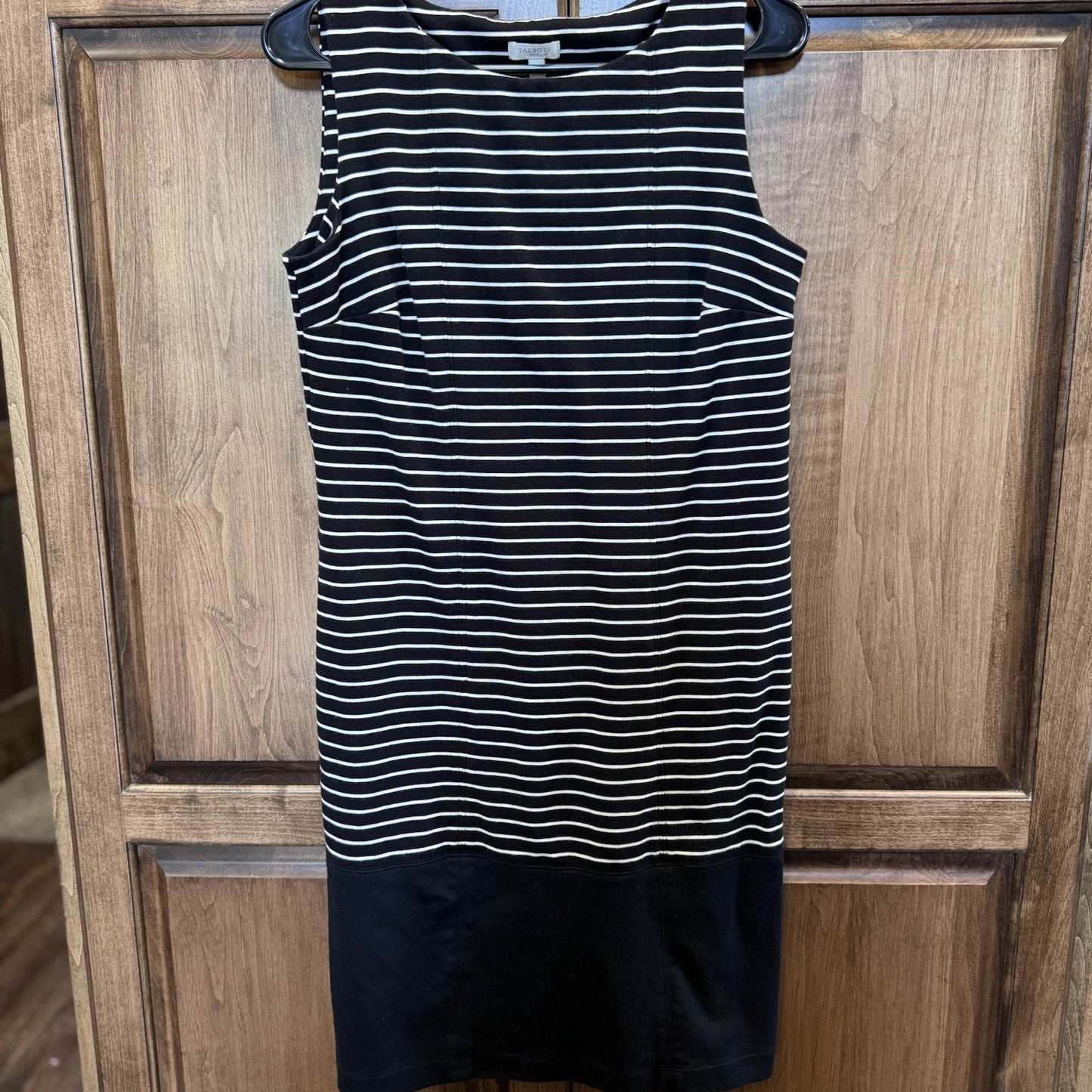Talbots Sleeveless Shift Dress Sz S Black White Stripe Cotton Blend Classic Fit