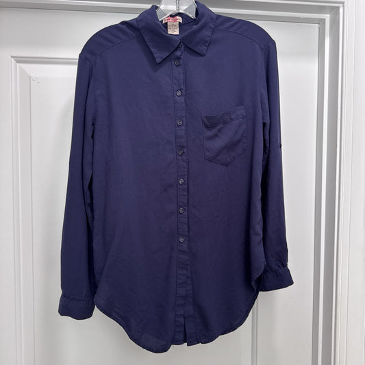 Y2K BODY CENTRAL Button Down Blouse Navy Blue Long Sleeve Top Medium