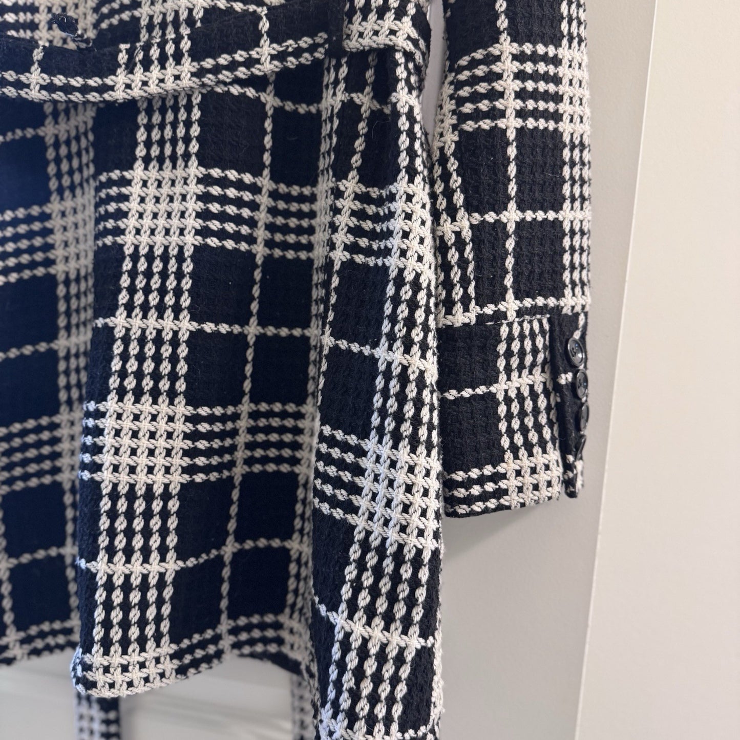 Y2K Body Central Plaid Wool Blend Coat Jacket L Black White Belted Vintage Loop