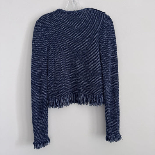 White House Black Market Fringe Knit Cardigan Blue Small Open Front