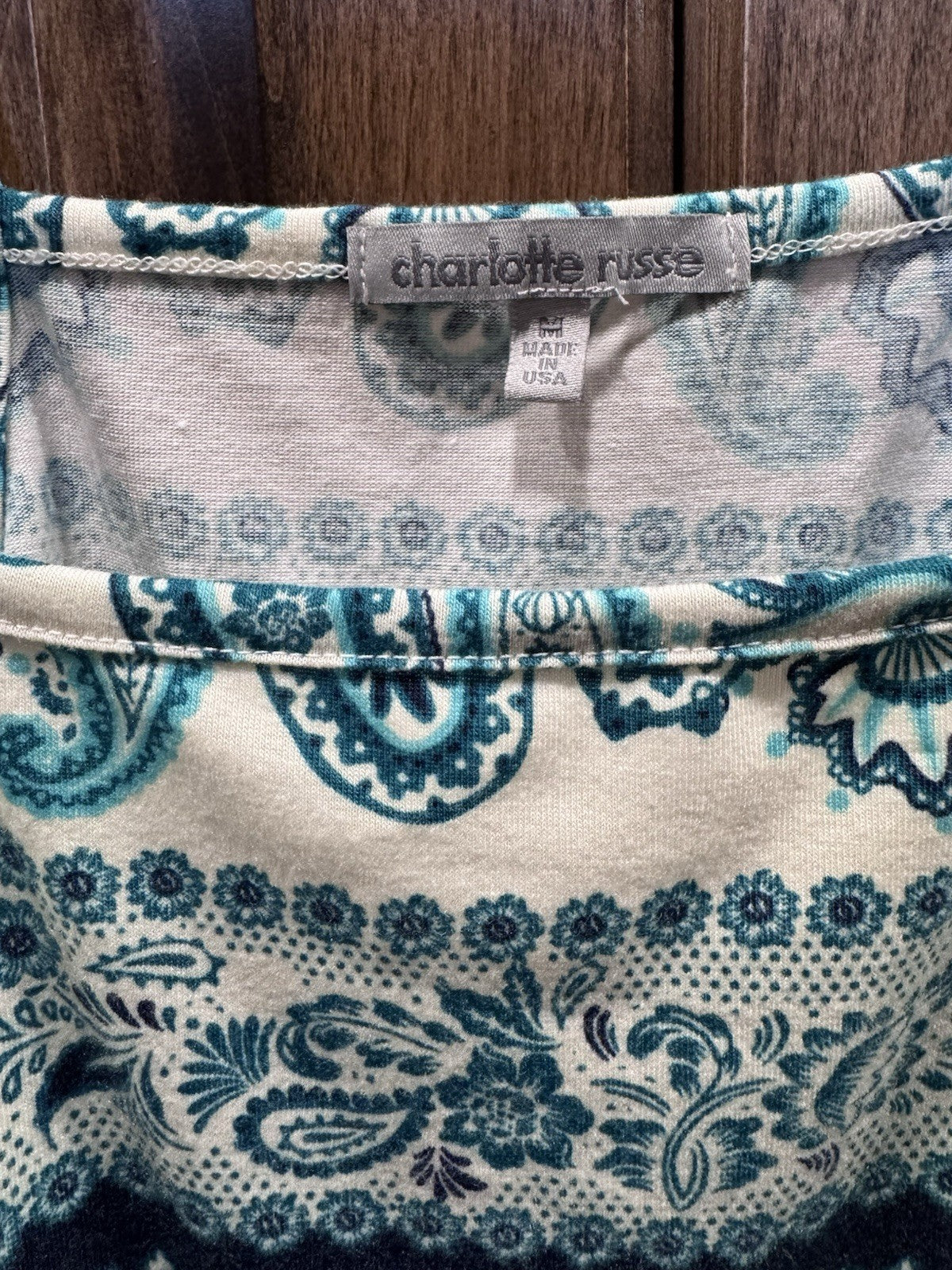 Charlotte Russe Boho Paisley Tank Top M Blue Lace Trim Crop Made in USA