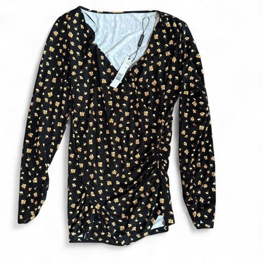 NWT Elie Tahari Black Floral Ruched Long Sleeve Top Women's Size M