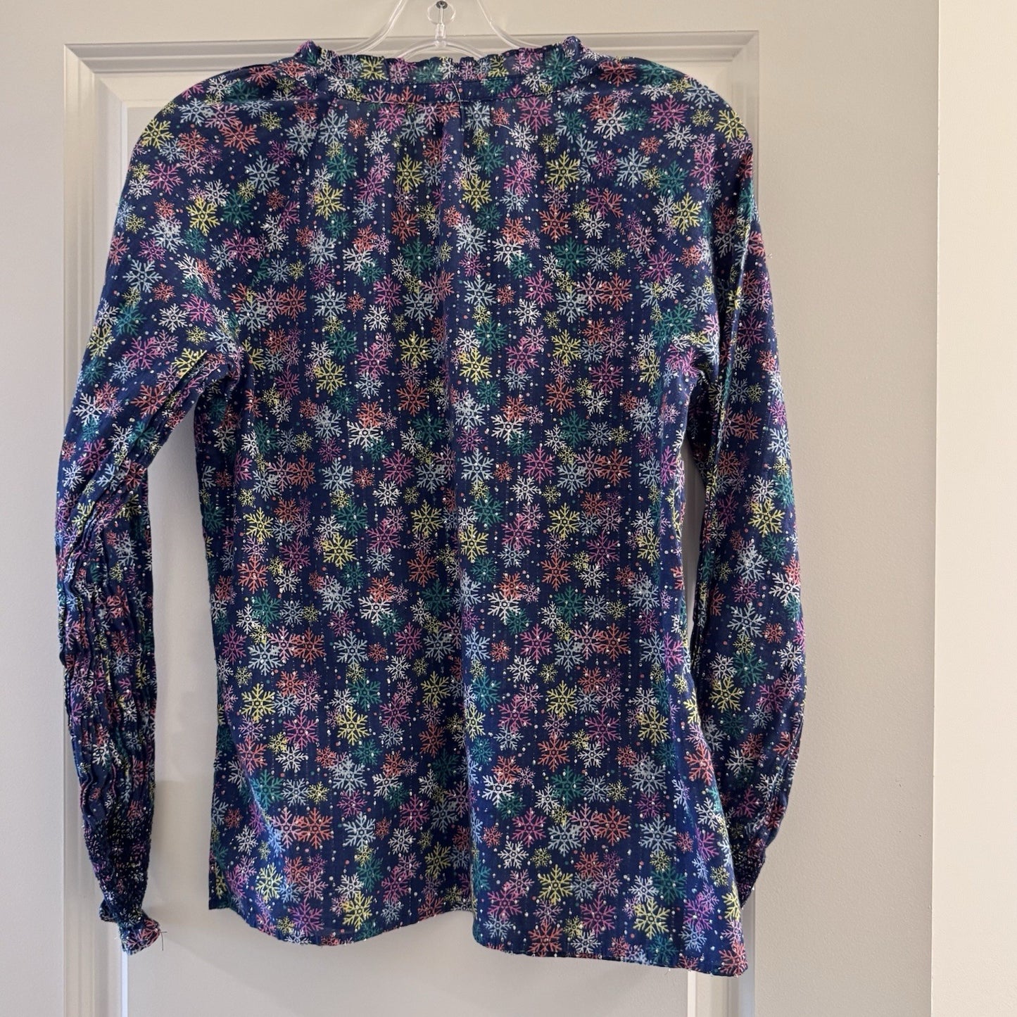 Talbots Women’s XS Metallic Snowflake Blouse Navy Multicolor Long Sleeve