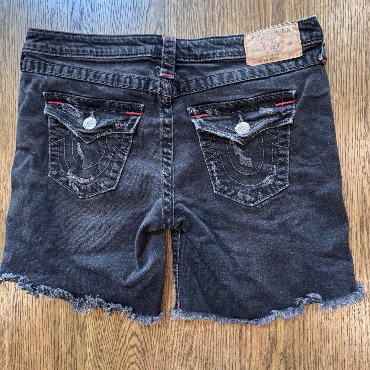 True Religion Mid Cut Off Denim Shorts Black Distressed Flap Pockets Size 30