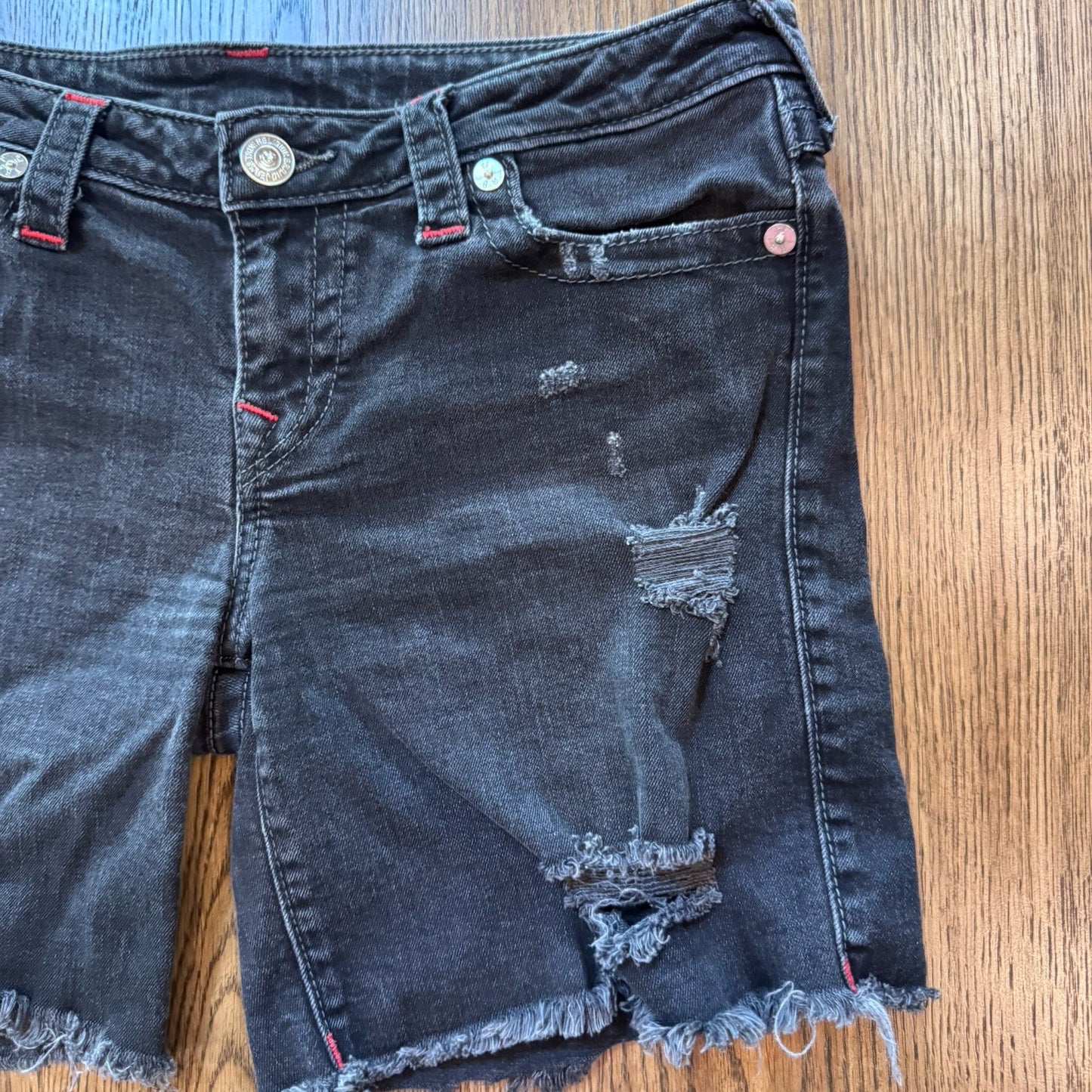 True Religion Mid Cut Off Denim Shorts Black Distressed Flap Pockets Size 30