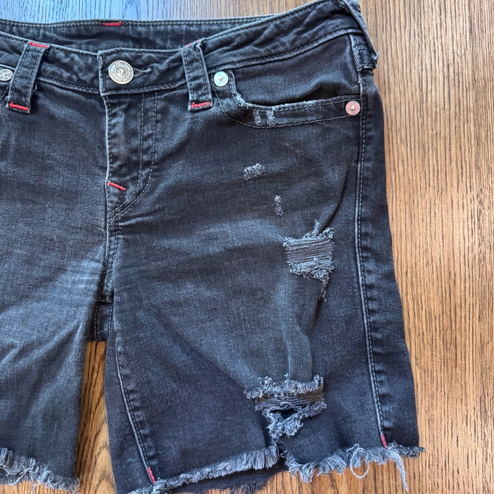 True Religion Mid Cut Off Denim Shorts Black Distressed Flap Pockets Size 30