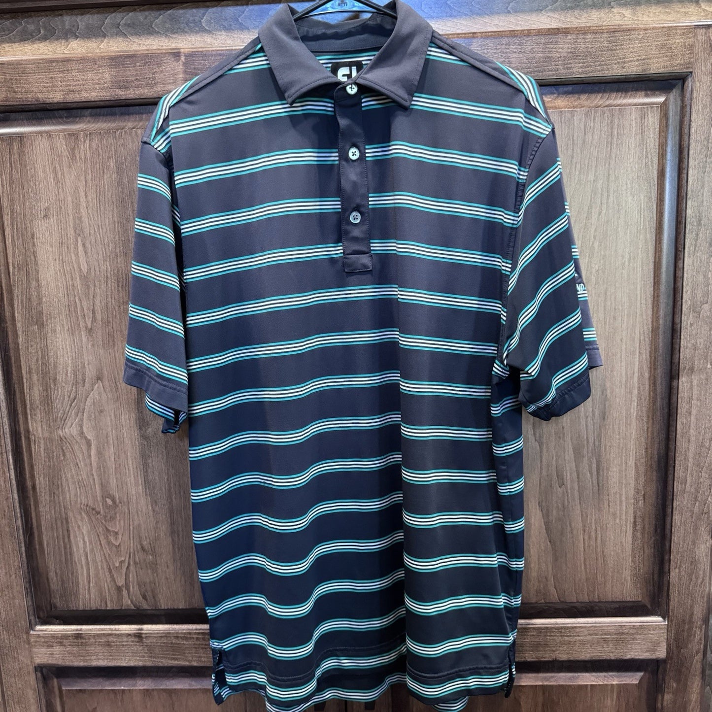 FootJoy Men’s M Golf Polo – Black & Teal Striped Shirt, The Amelia Island