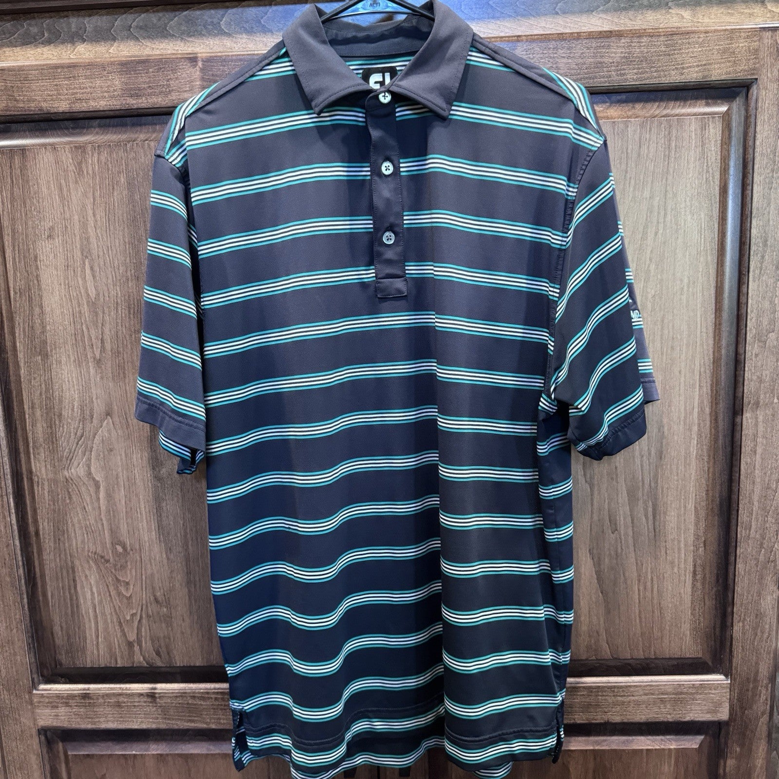 FootJoy Men’s M Golf Polo – Black & Teal Striped Shirt, The Amelia Island