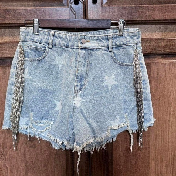 NWT L Blue B collections Ultra High Rise Rhinestone Fringe Short