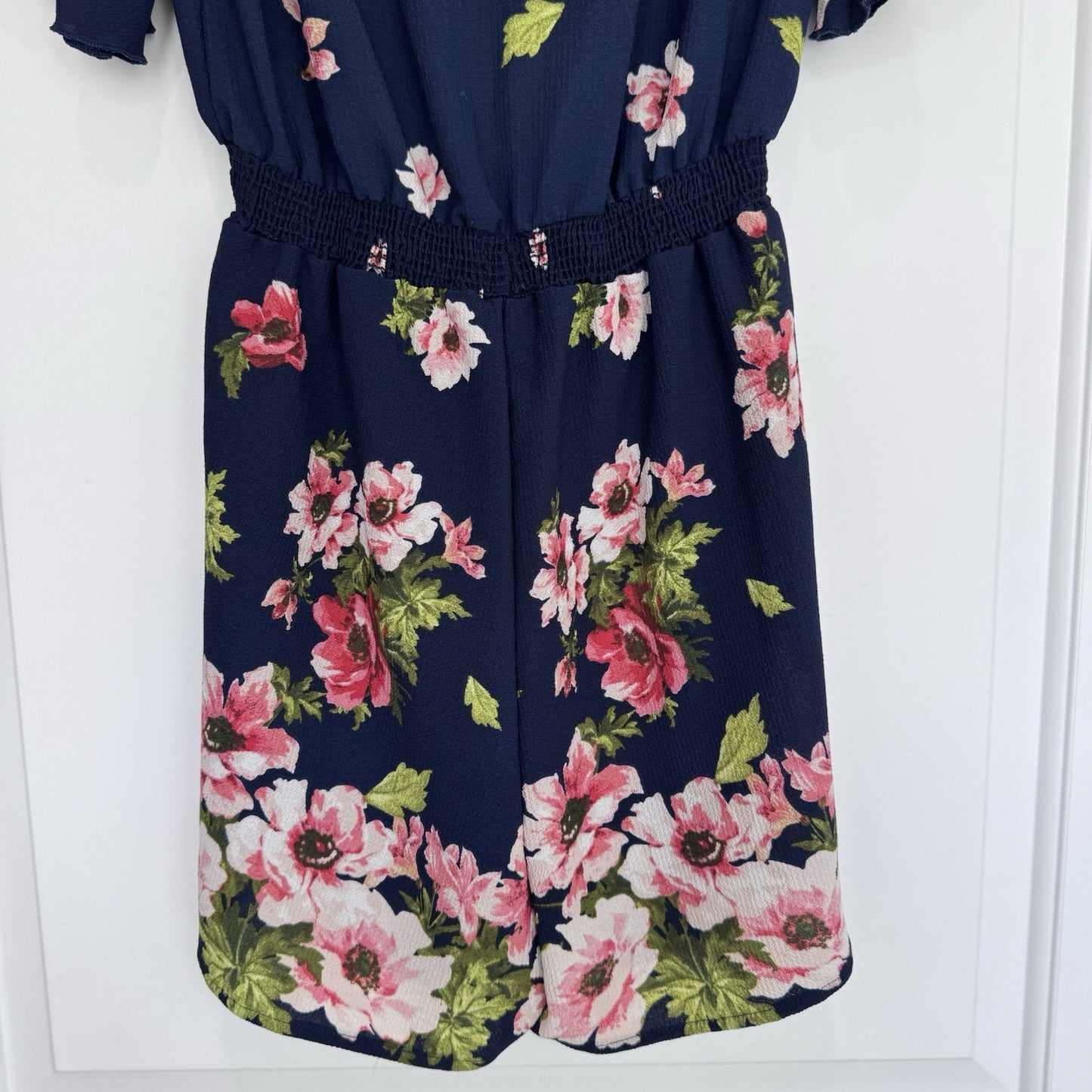 Papaya S Floral Romper Navy Pink Cutout Back Flutter Sleeve Y2K Festival Trendy