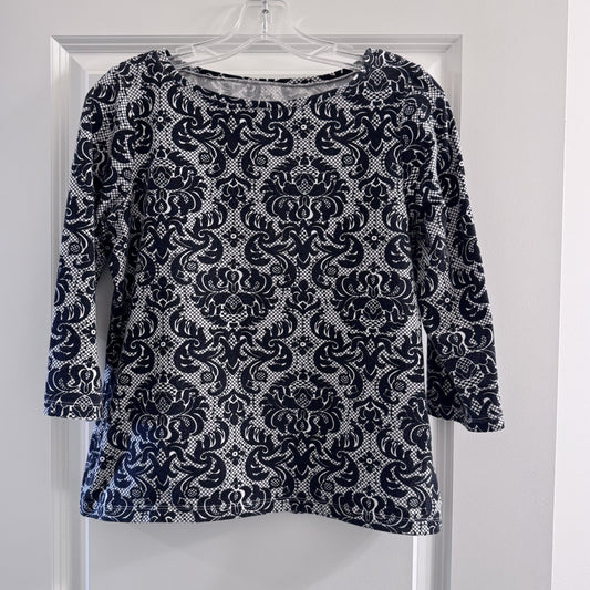 Talbots Petites Top Medium Navy White Damask Print 3/4 Sleeve Stretch Cotton Tee