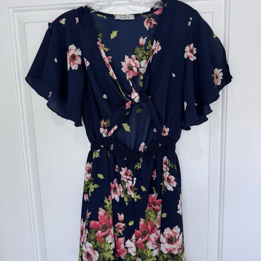Papaya S Floral Romper Navy Pink Cutout Back Flutter Sleeve Y2K Festival Trendy