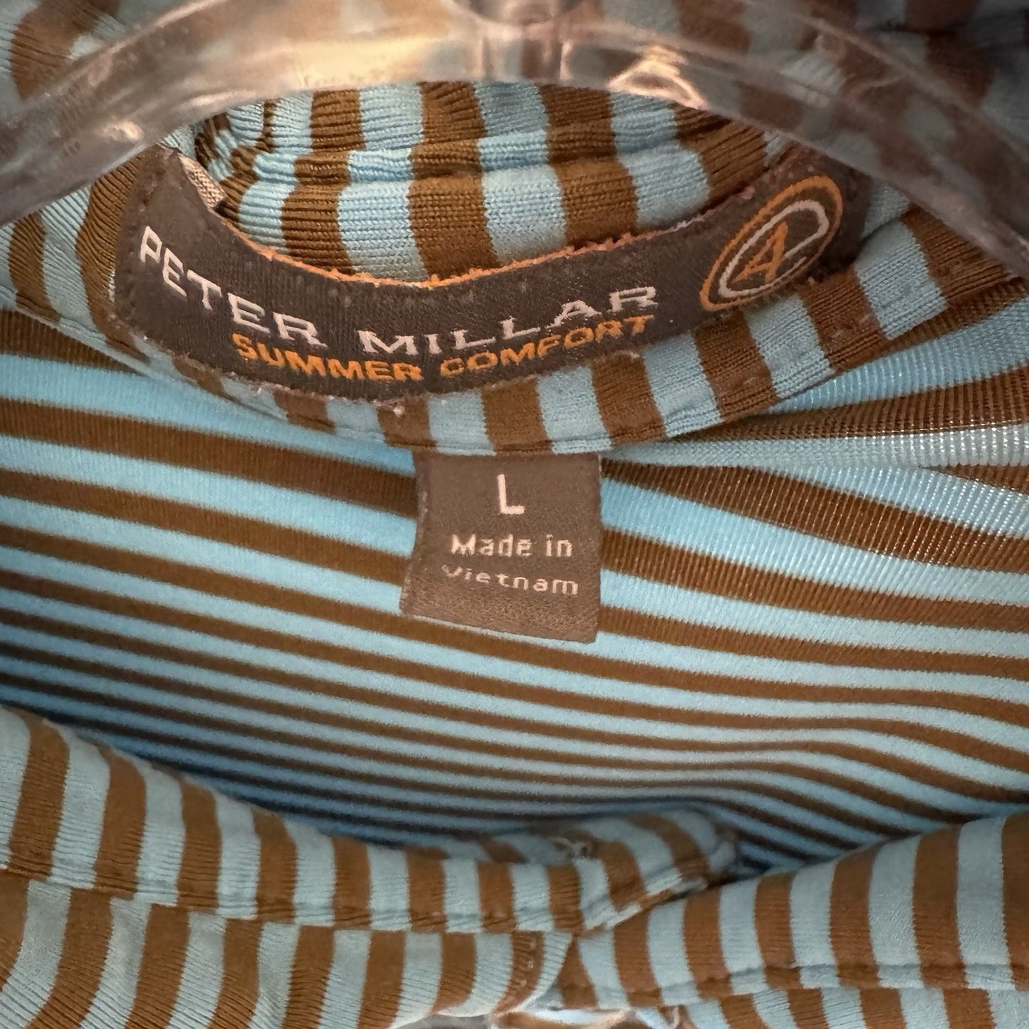 Peter Millar Summer Comfort Polo Shirt Men’s L Blue Brown Stripe Golf Stretch