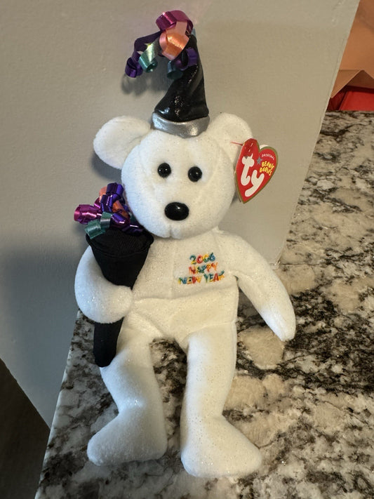 TY Beanie Baby Happy NEW YEAR Bear 2006 White Bear With Party Favors Ribbons