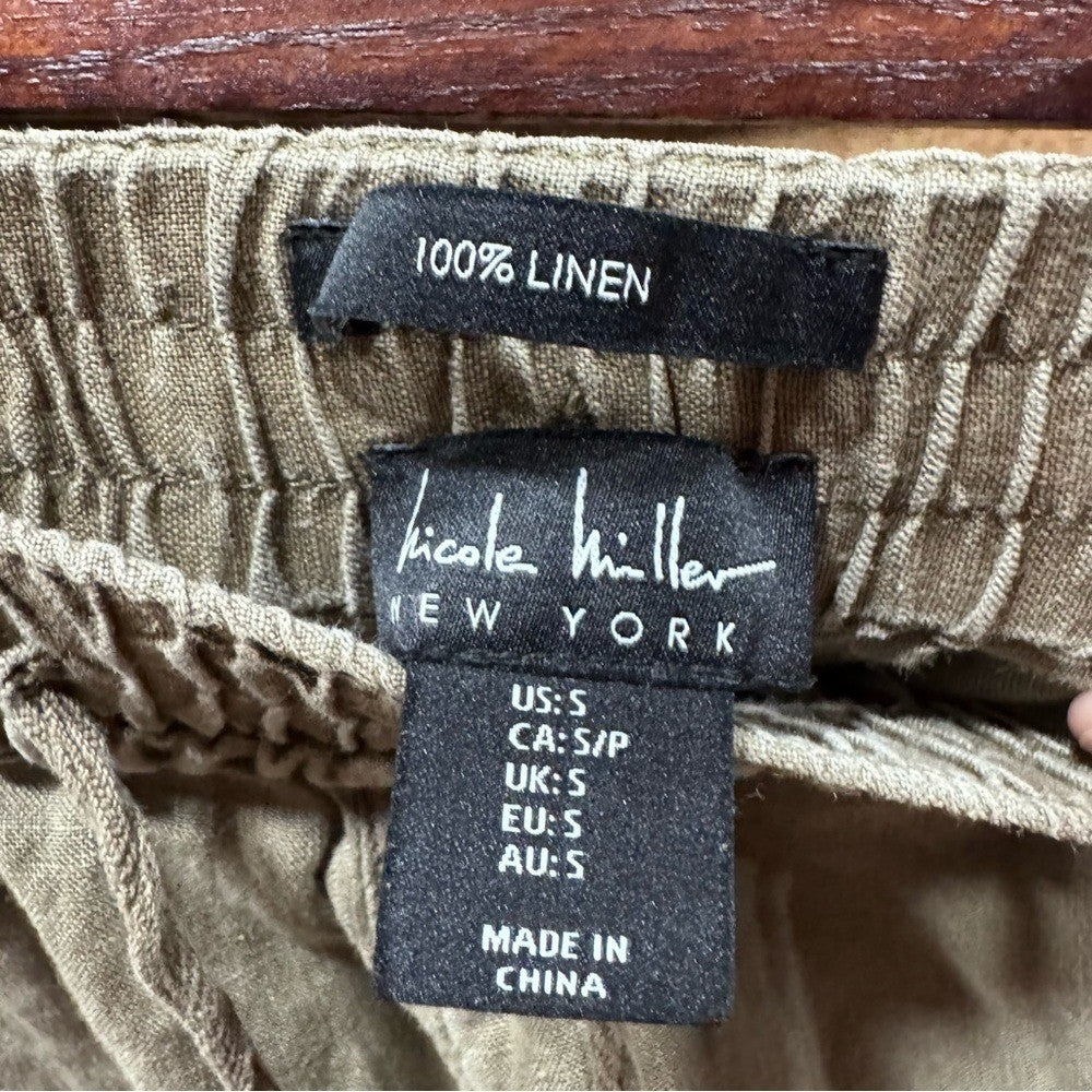 Nicole Miller 100% Linen Womens Pants Elastic Waist Pockets Brown Olive green S