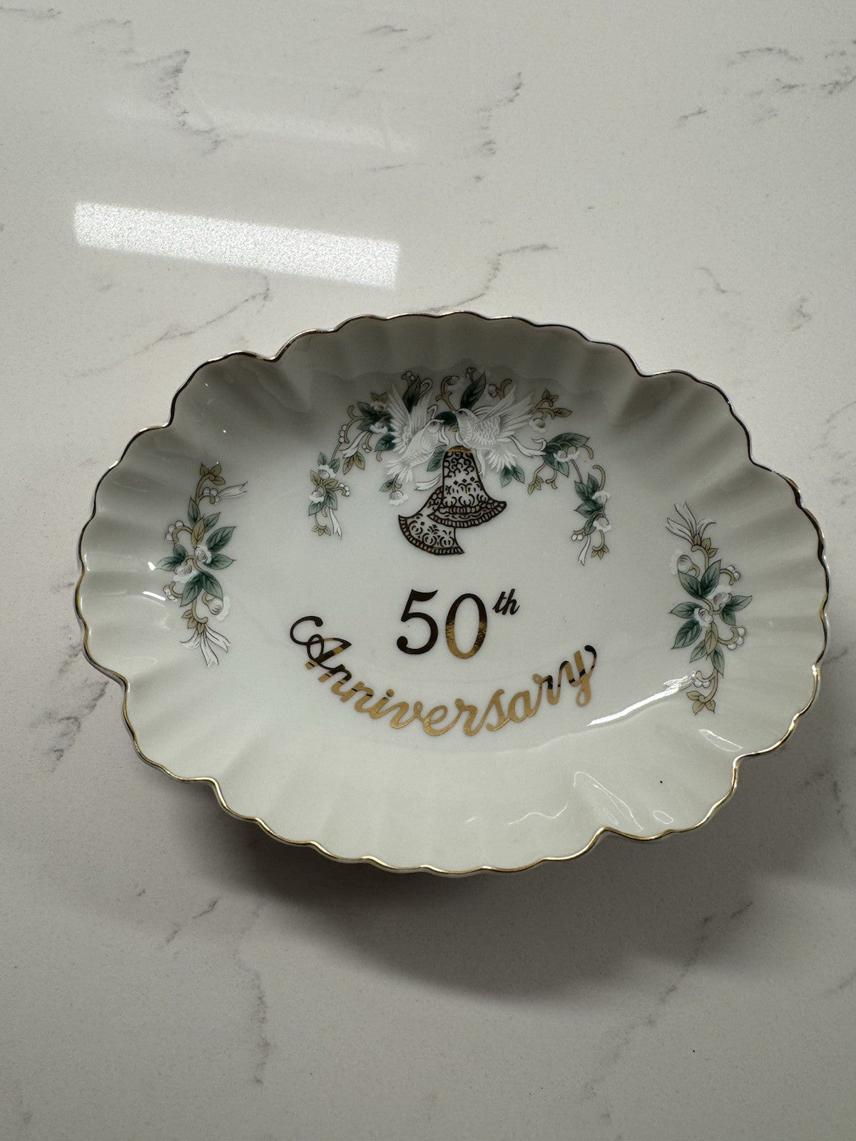 Vintage Anniversary -50th dish Lefton China Scalloped w/ White Doves Bells