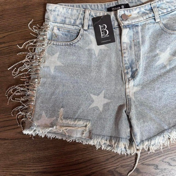 NWT L Blue B collections Ultra High Rise Rhinestone Fringe Short