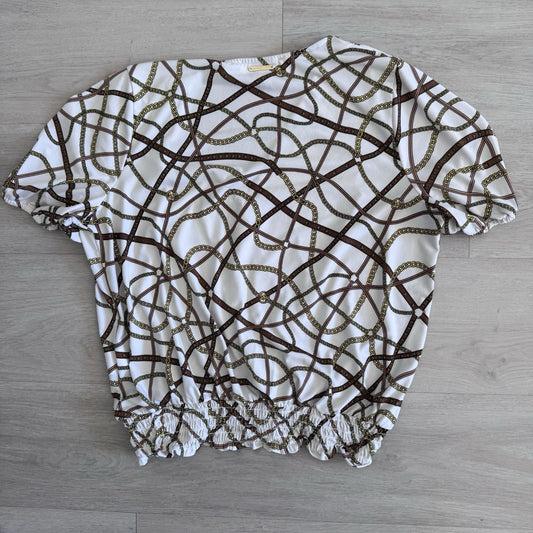 Michael Michael Kors Chain Print Wrap Top Womens Large White Gold Stretch