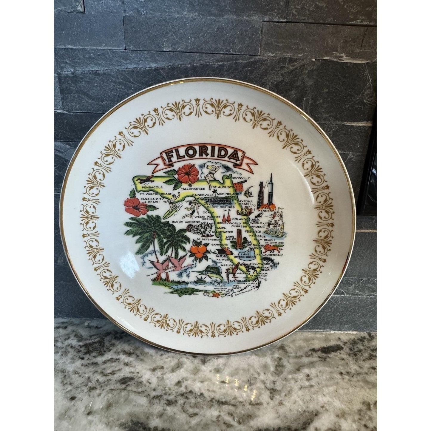 Vintage Florida Collectible Souvenir Plate 10in Gold Trimmed Sheffield Japan