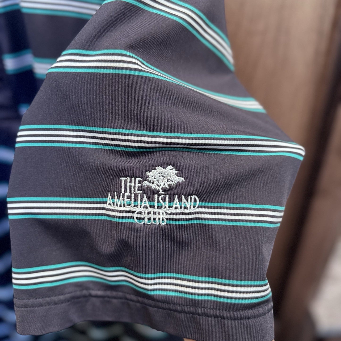 FootJoy Men’s M Golf Polo – Black & Teal Striped Shirt, The Amelia Island