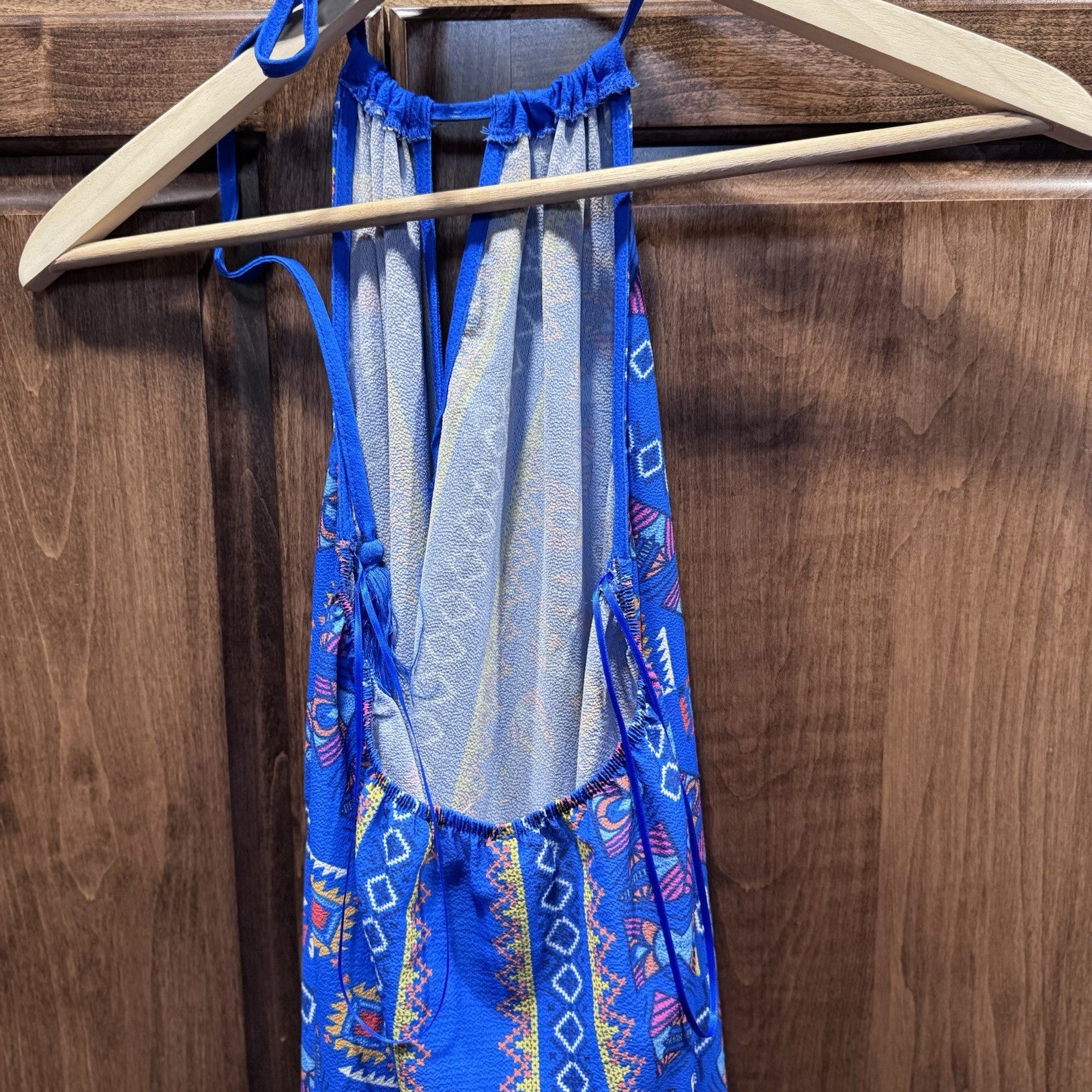 Flying Tomato Halter Maxi Dress Small Boho Festival Aztec Print Blue Pink Tribal