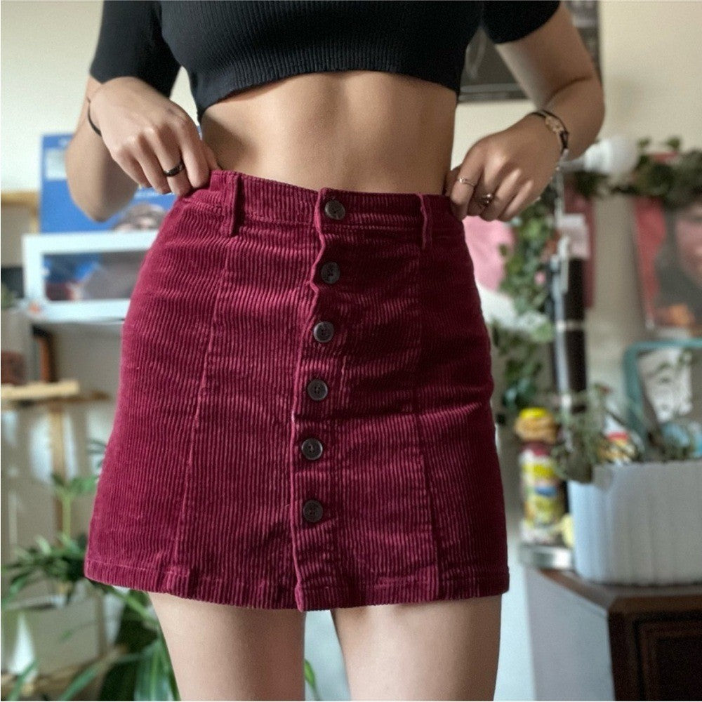 Forever 21 Burgundy Corduroy Button-Front Skirt Small