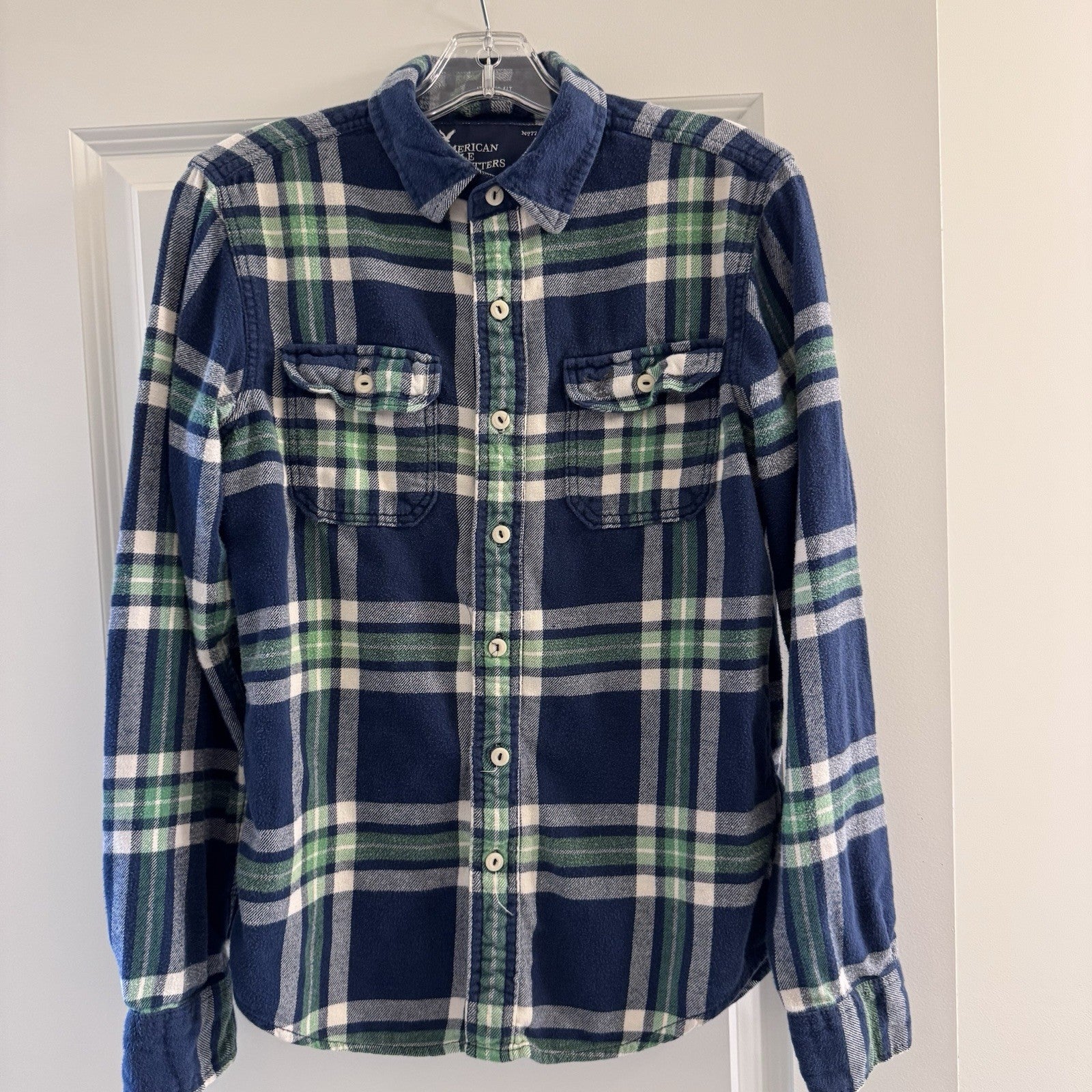American Eagle Outfitters Flannel Shirt Small Blue Green Plaid Long Sleeve