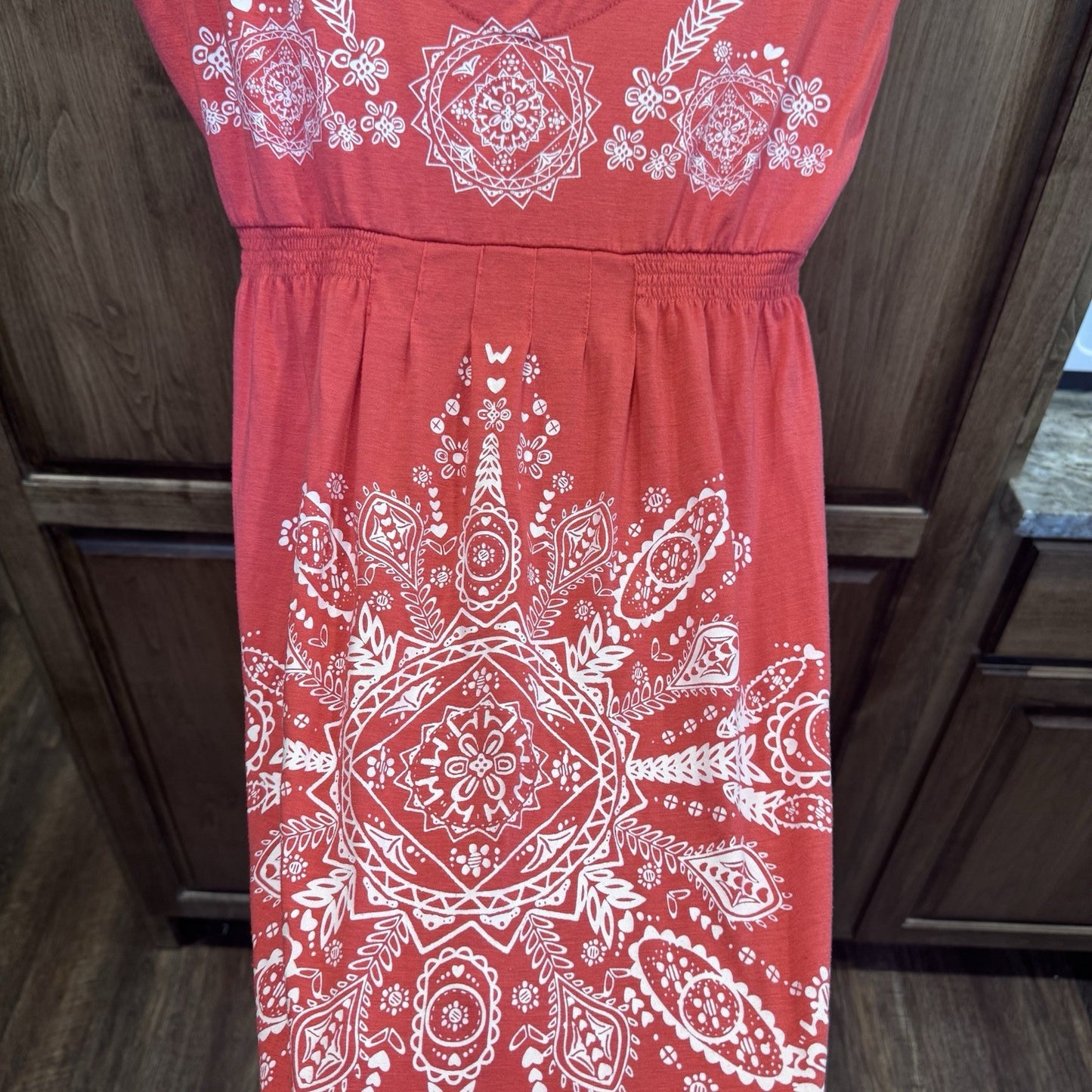 Venus Red Boho V-Neck Dress Size Large – White Mandala Print