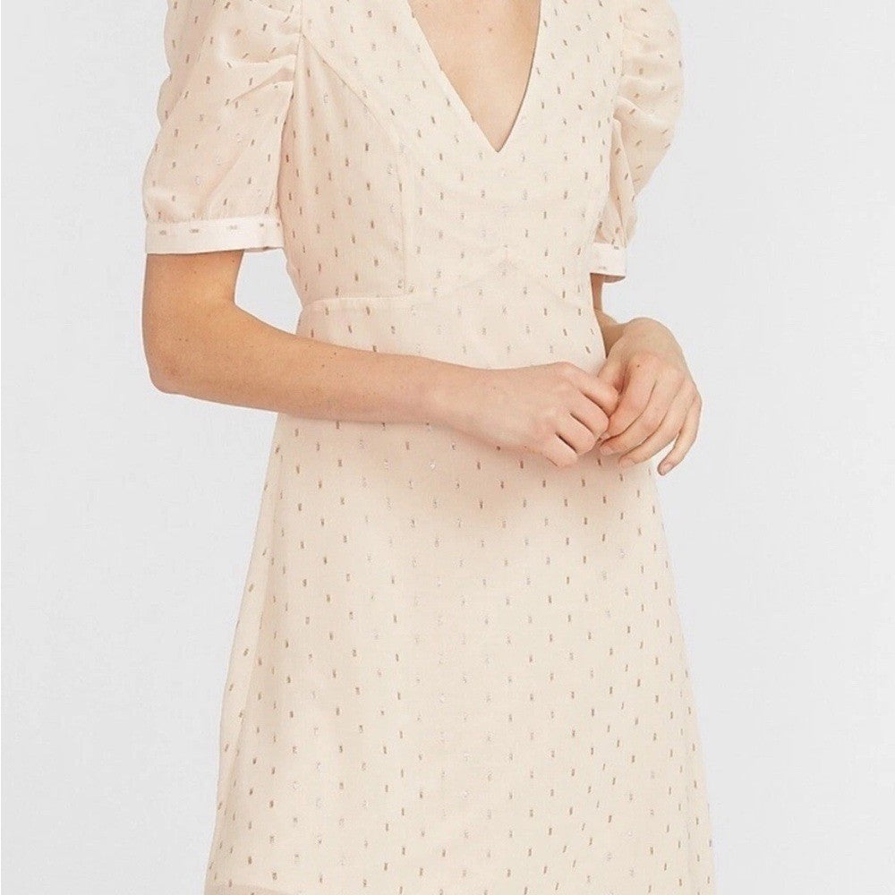 Express Puff Sleeve Midi Dress Women's XS Cream Beige Polka Dot V-Neck Fit