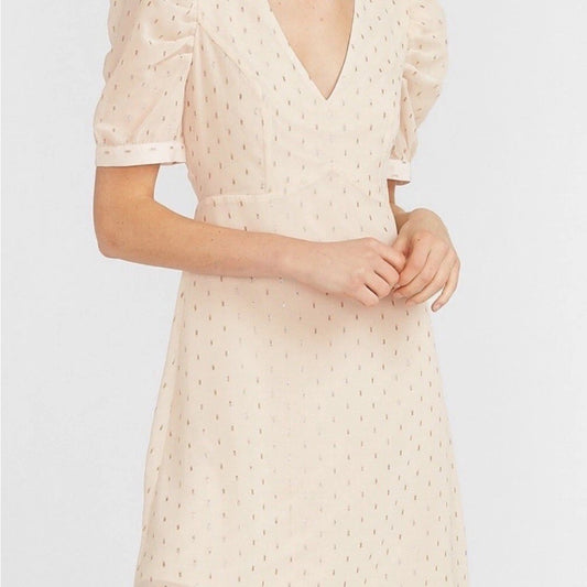Express Puff Sleeve Midi Dress Women's XS Cream Beige Polka Dot V-Neck Fit