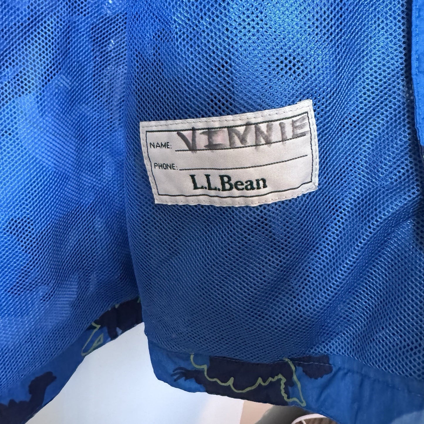 L.L.Bean Kids Rain Jacket Size 4 Blue Dino Print Hooded Windbreaker