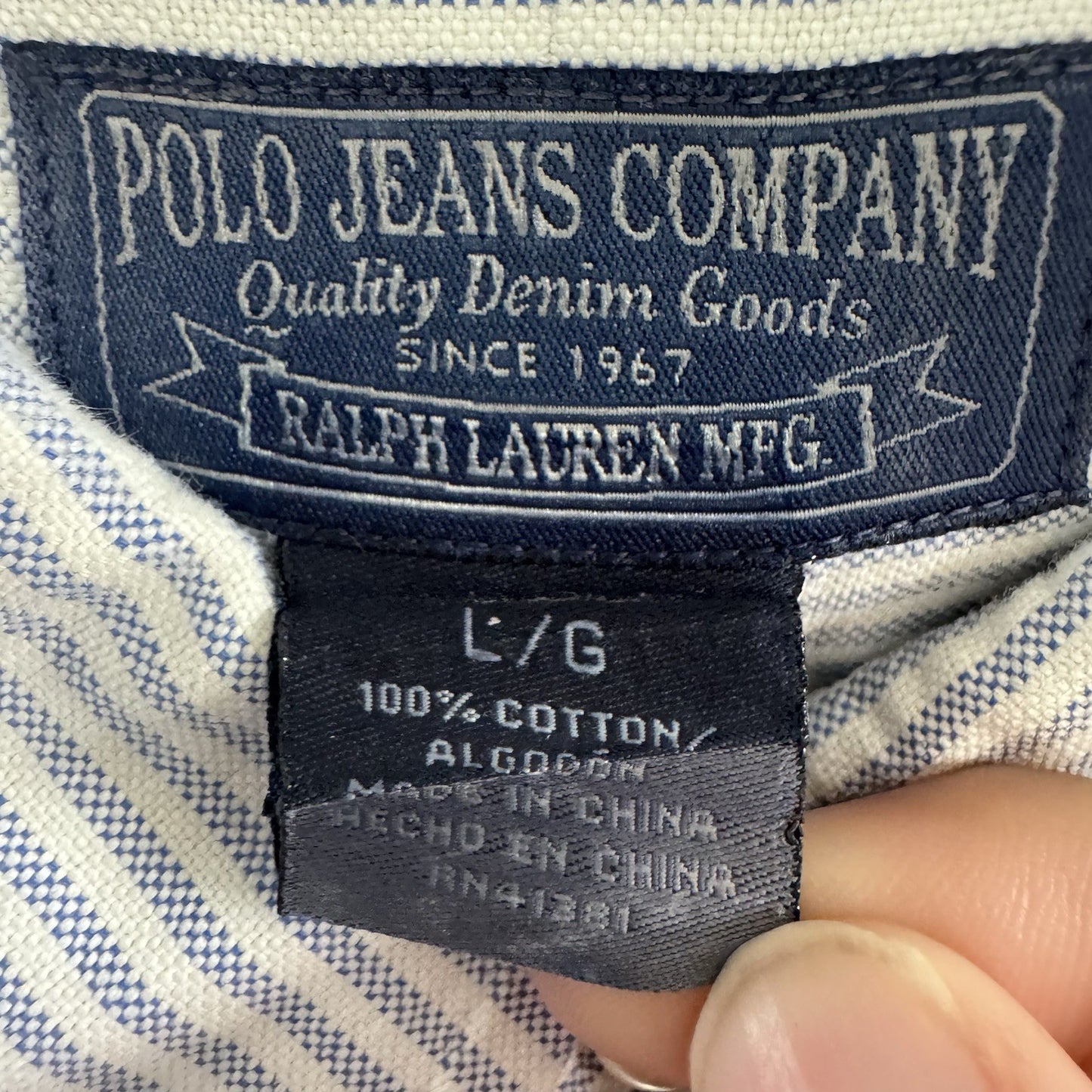 Vintage Polo Jeans Co Ralph Lauren Shirt L Blue White Stripe Button Down USA