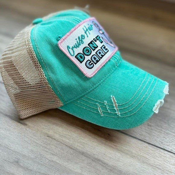 Turquoise and white Cruise Hair Don't Care trucker hat #hairaccessories