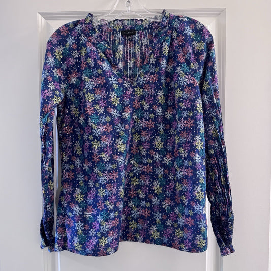 Talbots Women’s XS Metallic Snowflake Blouse Navy Multicolor Long Sleeve